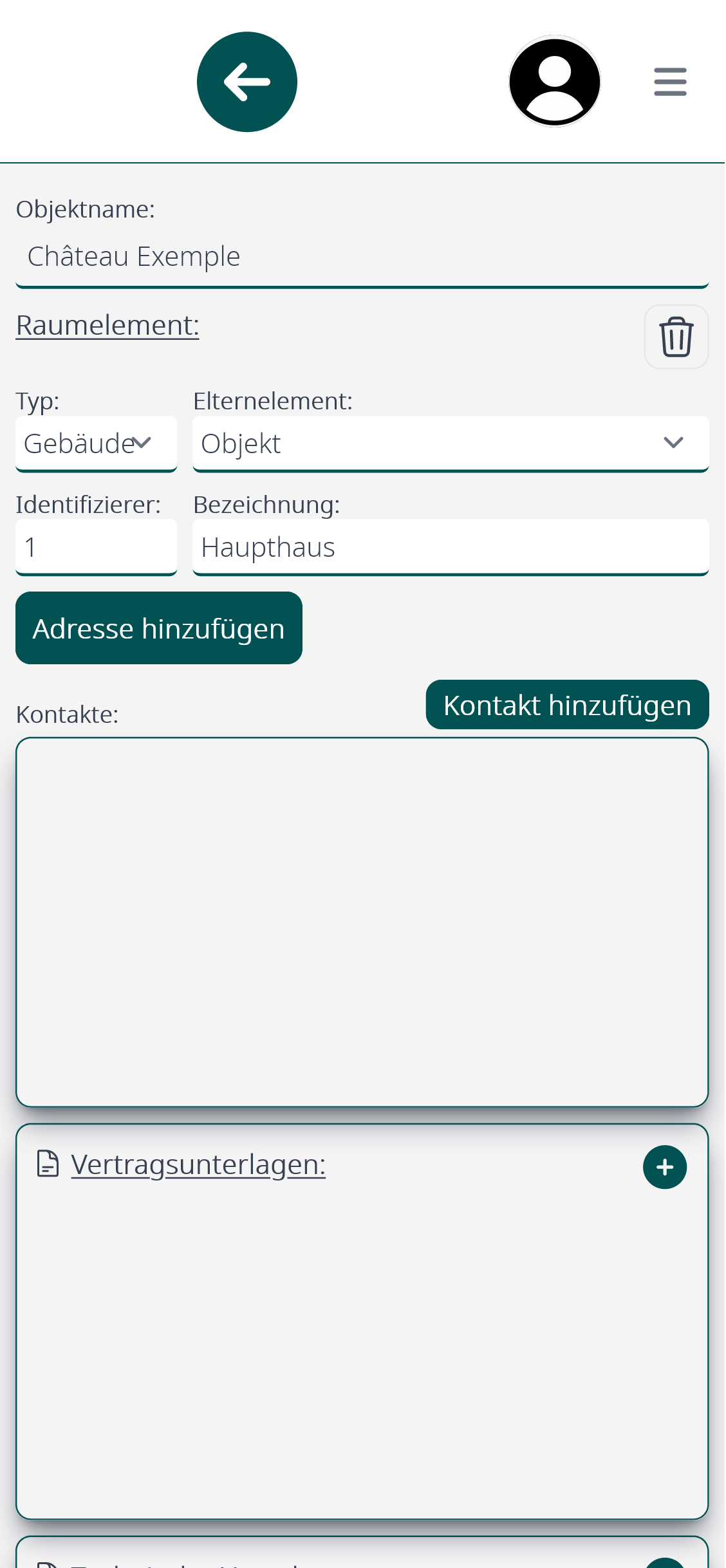 Screenshot der Objektverwaltung auf dem Smartphone: Dateien-, Bilder- und Kontaktbereich.