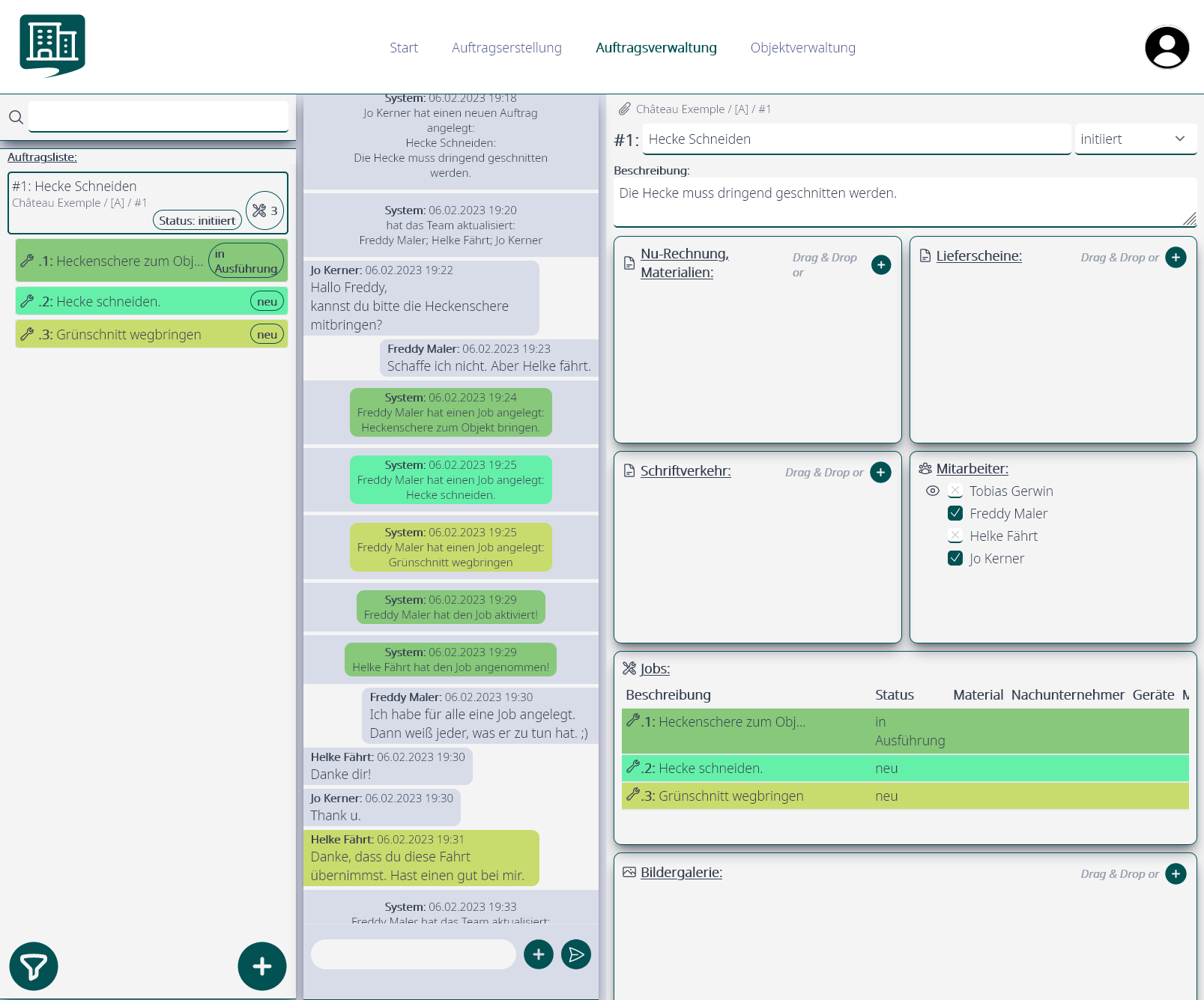 Screenshot der Auftragsverwaltung. Es wurde ein erster Auftrag 'Hecke schneiden' angelegt. Der Auftrag wurde in 3 Jobs aufgeteilt. Ein Auftrag oder Job kann über die linke Spalte ausgewählt werden. In der mittleren Spalte ist der zugehörige Chat zu sehen. Im rechten Bereich sind die mit den Auftrag zusammenhängendenn Bilder, Dateien und Kontakte aufgeführt.